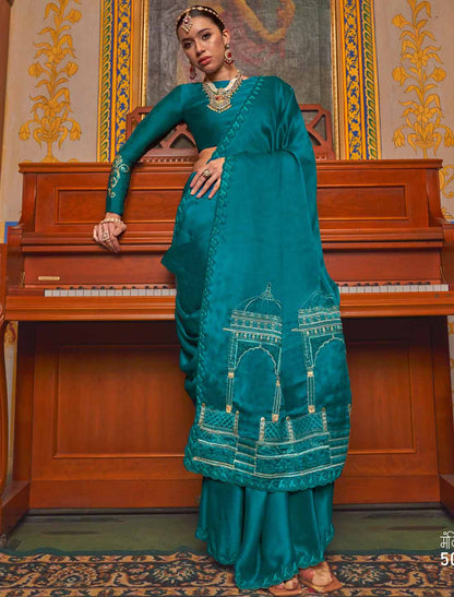 Soft Chiffon Blue Multi Thread Embroidery Ethnic Saree