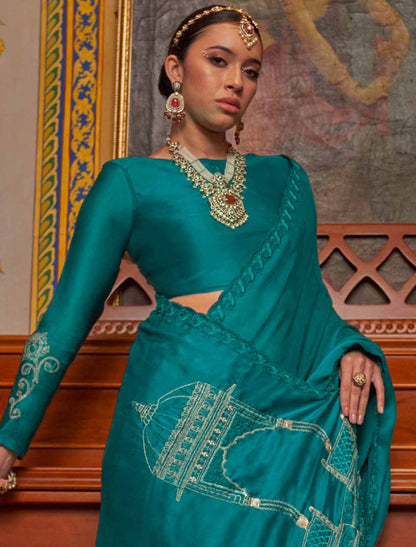 Soft Chiffon Blue Multi Thread Embroidery Ethnic Saree