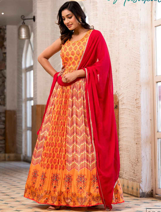 Introducing Soft Dolla Mirror Work Designer Gown With Ethnic Dupatta