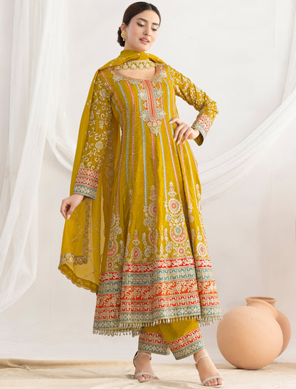 Yellow Satin With Dabka Dori Resham Mirror Handwork Work Kurta Sets