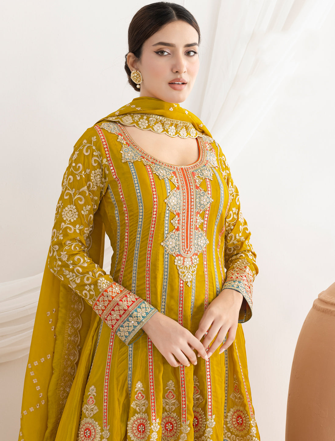 Yellow Satin With Dabka Dori Resham Mirror Handwork Work Kurta Sets
