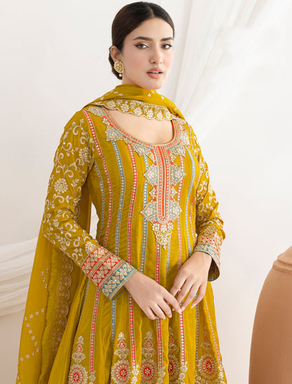 Yellow Satin With Dabka Dori Resham Mirror Handwork Work Kurta Sets