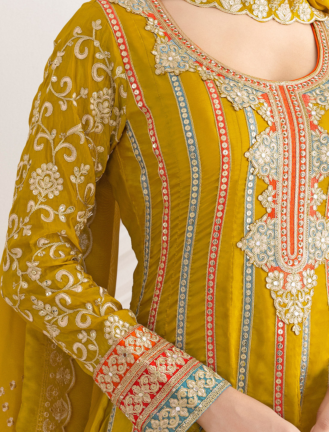 Yellow Satin With Dabka Dori Resham Mirror Handwork Work Kurta Sets