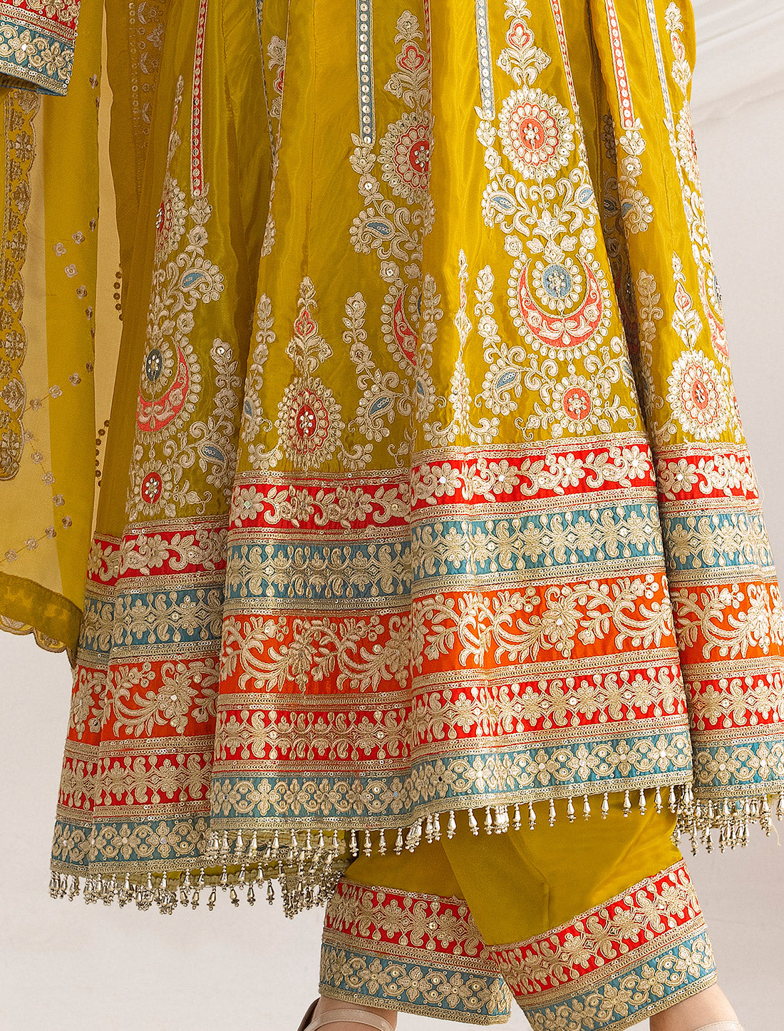 Yellow Satin With Dabka Dori Resham Mirror Handwork Work Kurta Sets
