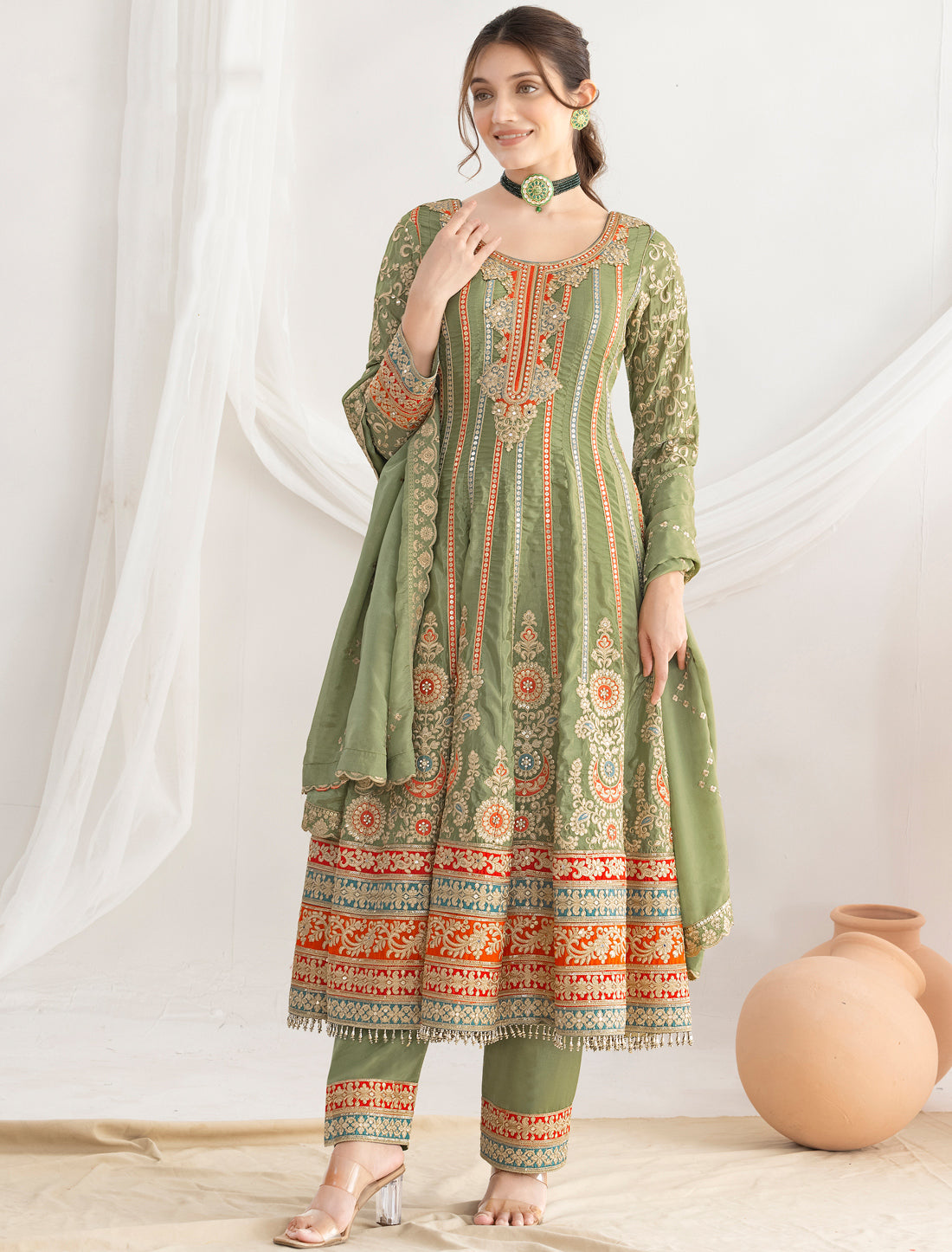 Light Green Satin With Dabka Dori Resham Mirror Handwork Work Kurta Sets