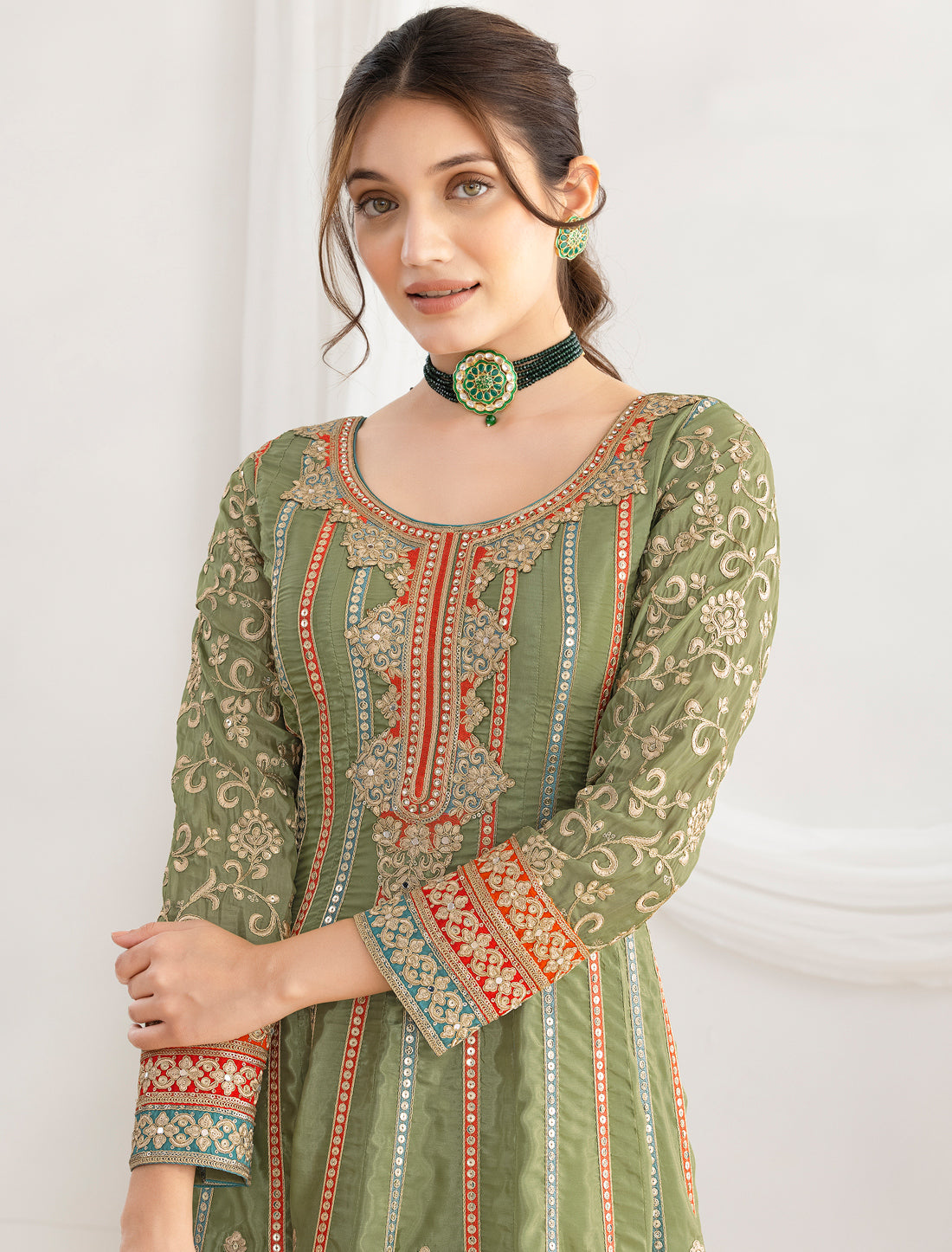 Light Green Satin With Dabka Dori Resham Mirror Handwork Work Kurta Sets