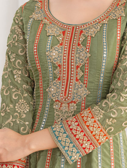 Light Green Satin With Dabka Dori Resham Mirror Handwork Work Kurta Sets