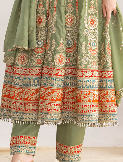 Light Green Satin With Dabka Dori Resham Mirror Handwork Work Kurta Sets
