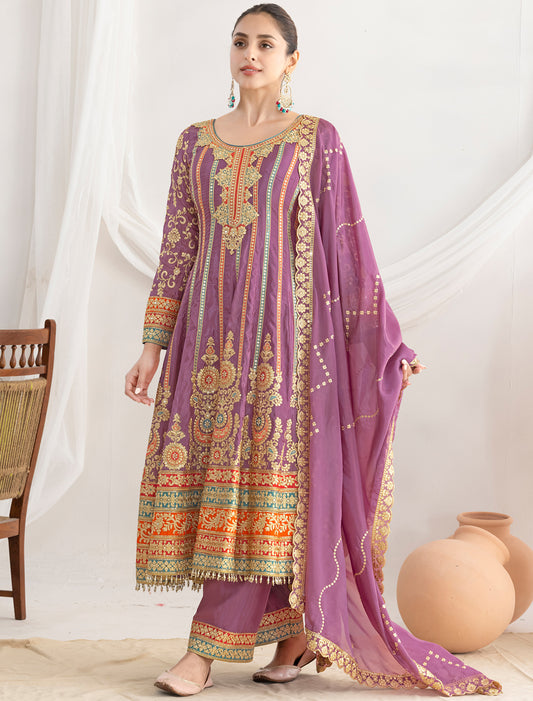 Light Pink Satin Handwork Readymade Embroidered Party Wear Kurta Sets