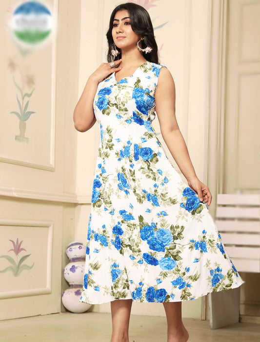 Blue & White Polyster With Crepe Inner Digital Pint Sleeveless Casual Dress