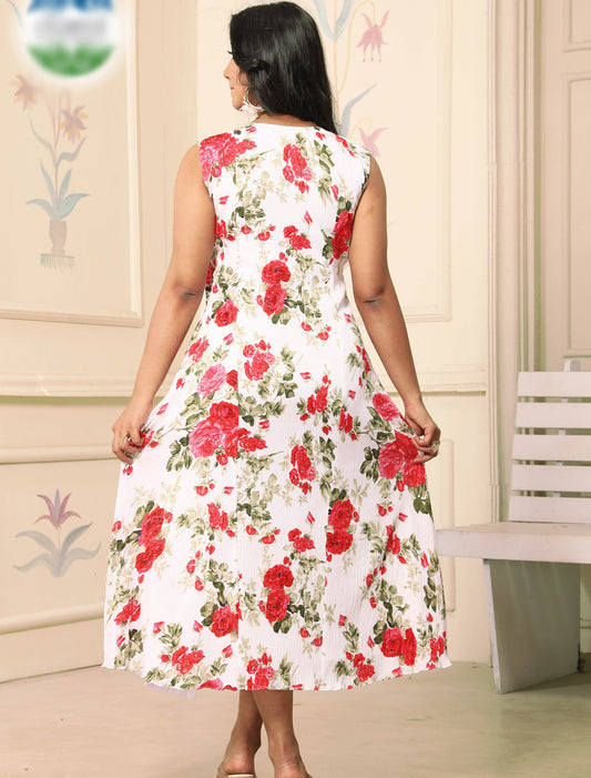 Red & White Polyster With Crepe Inner Digital Pint Sleeveless Casual Dress
