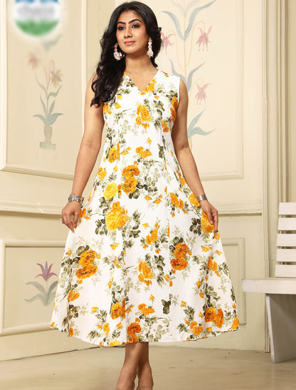 Yellow & White Polyster With Crepe Inner Digital Pint Sleeveless Casual Dress