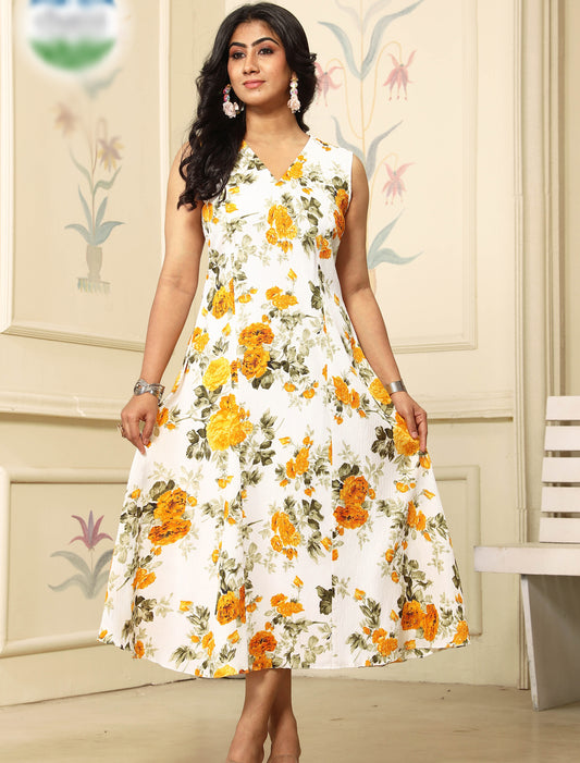 Yellow & White Polyster With Crepe Inner Digital Pint Sleeveless Casual Dress