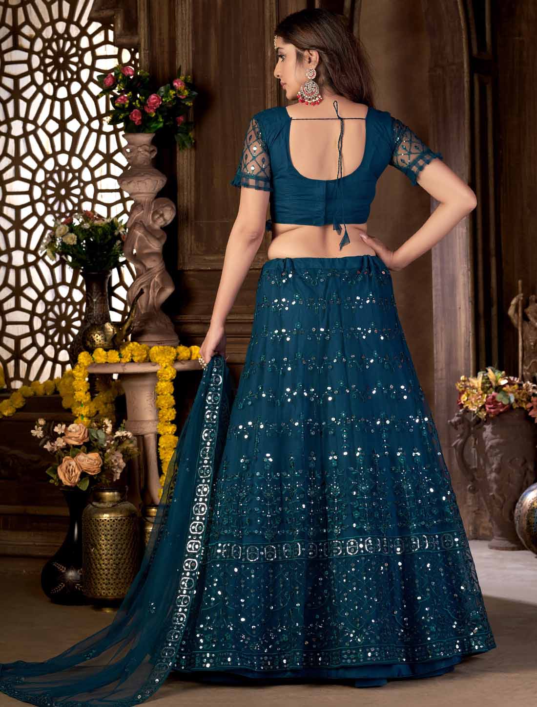 Navy Blue Net With Multi Embroidered Mirror Ethnic Lehenga Choli
