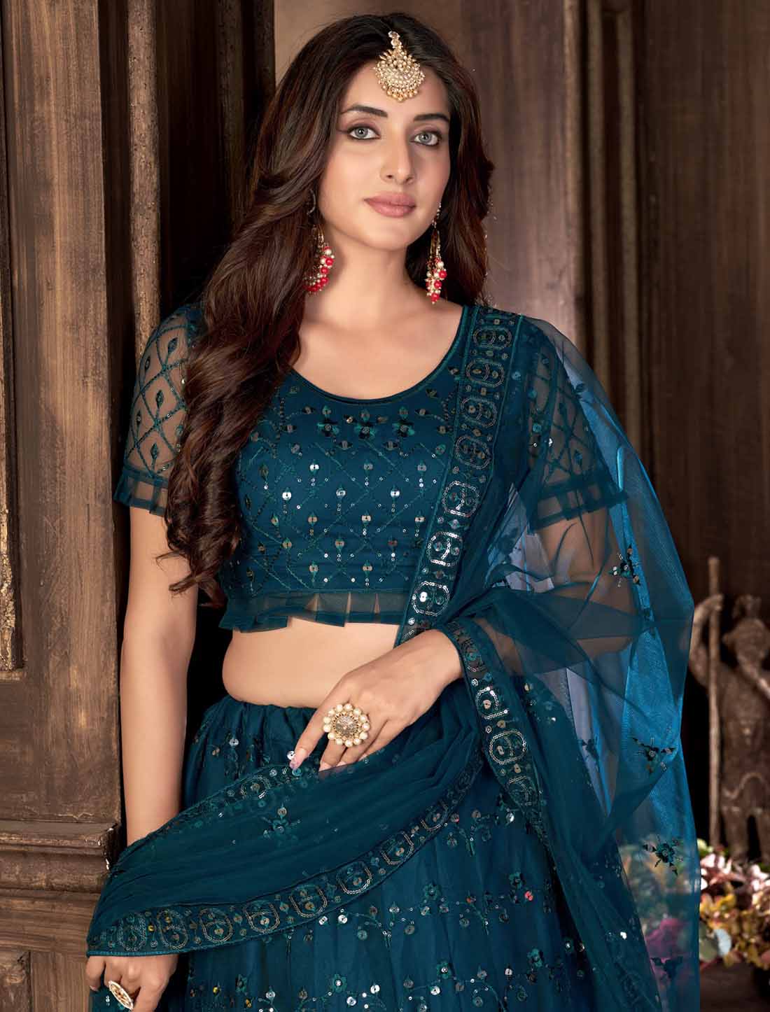 Navy Blue Net With Multi Embroidered Mirror Ethnic Lehenga Choli