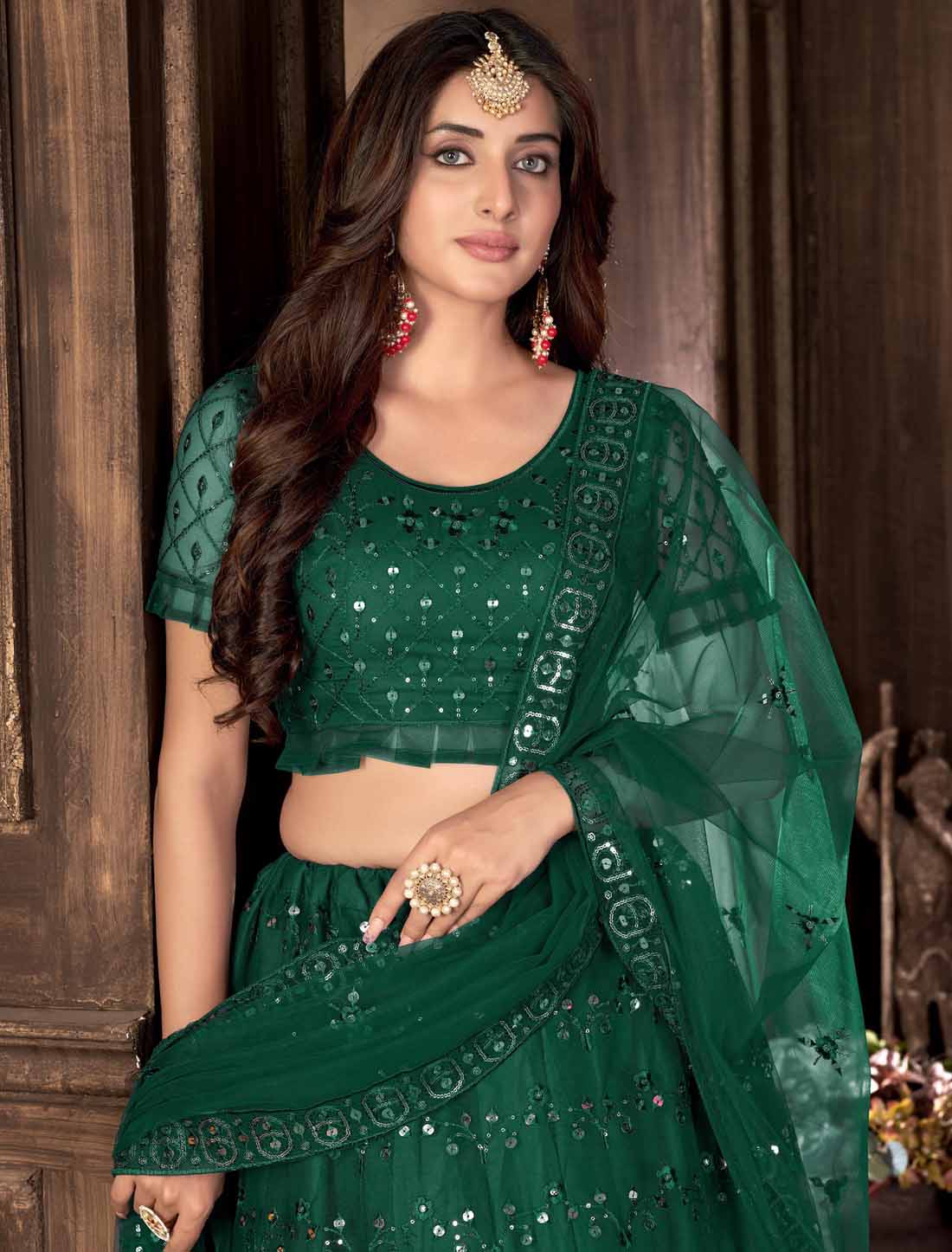 Dark Green Net With Ethnic Multi Embroidered Mirror Lehenga Choli