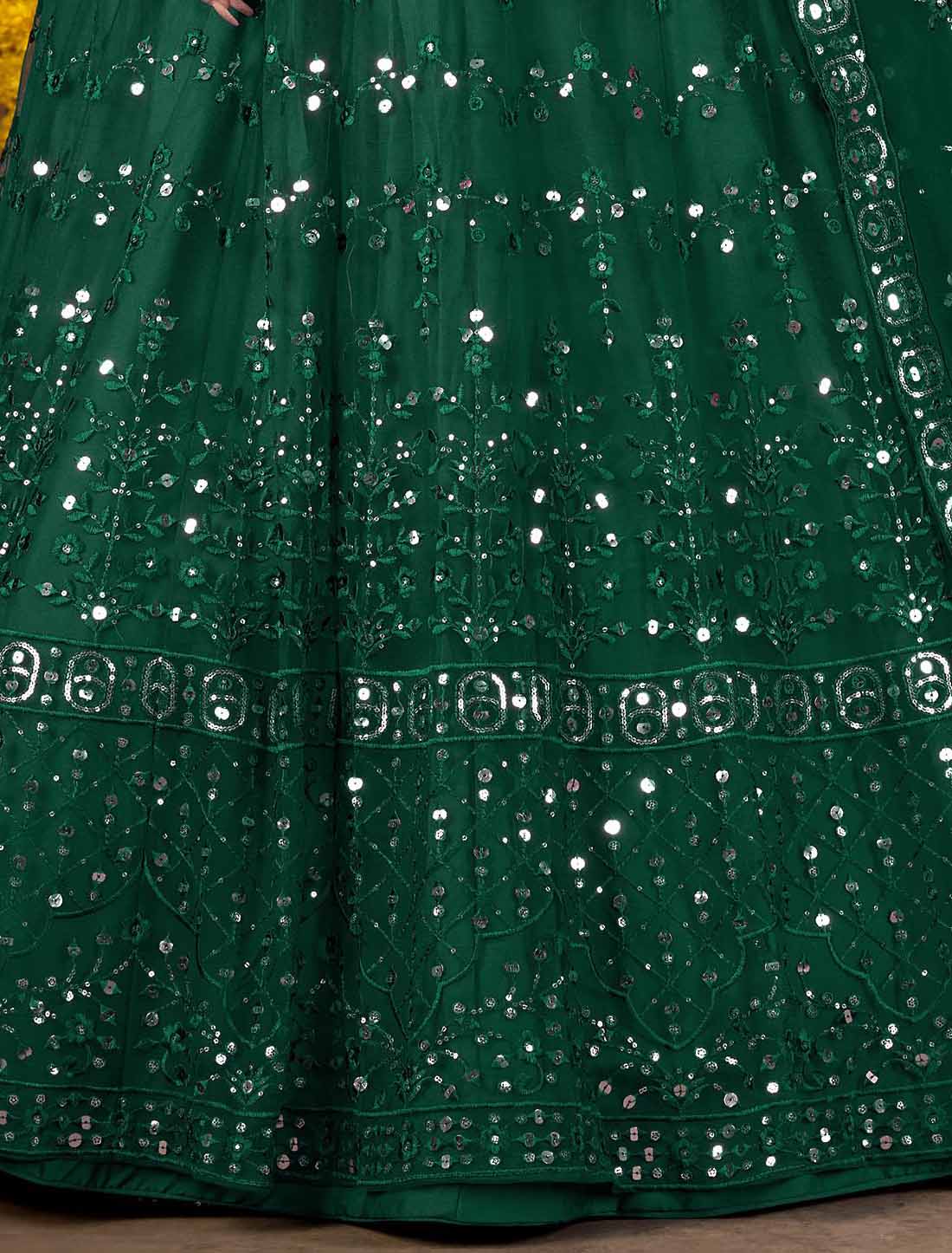 Dark Green Net With Ethnic Multi Embroidered Mirror Lehenga Choli