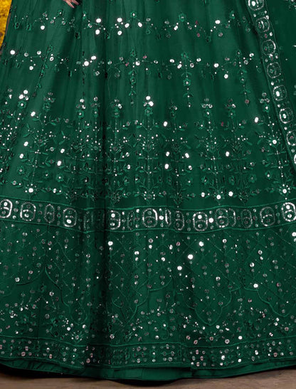 Dark Green Net With Ethnic Multi Embroidered Mirror Lehenga Choli