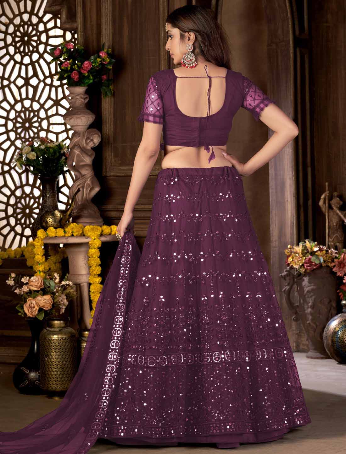 Ethnic Violet Net With Multi Embroidered Mirror Lehenga Choli