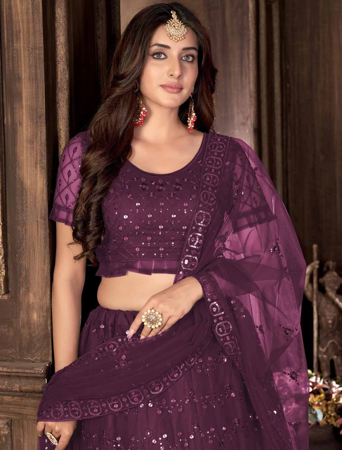 Ethnic Violet Net With Multi Embroidered Mirror Lehenga Choli