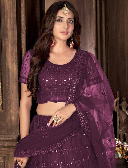 Ethnic Violet Net With Multi Embroidered Mirror Lehenga Choli