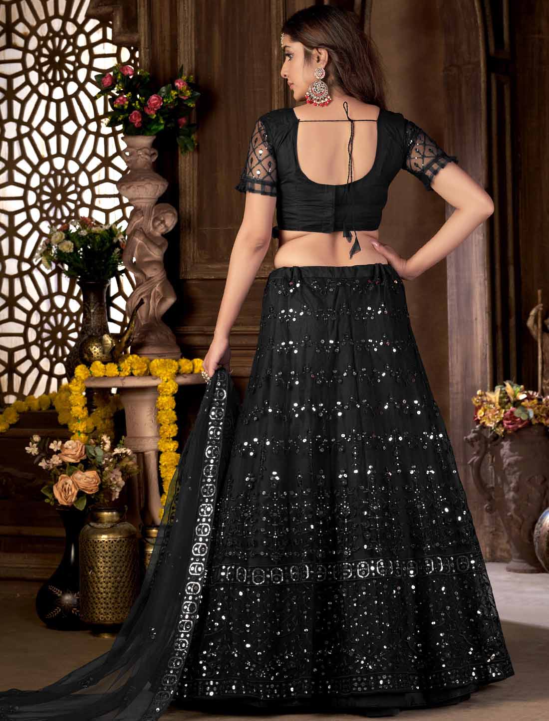 Black Net With Multi Embroidered Mirror Ethnic Lehenga Choli