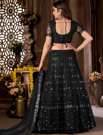 Black Net With Multi Embroidered Mirror Ethnic Lehenga Choli