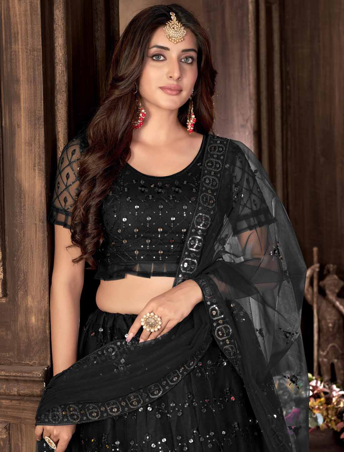 Black Net With Multi Embroidered Mirror Ethnic Lehenga Choli