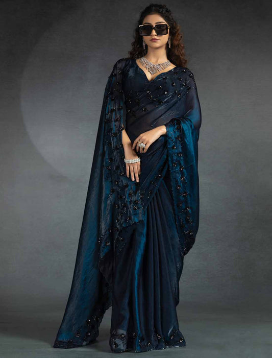 Pecock Blue Ethnic Tow-Tone Satin Silk Hand Work Jarkan Saree