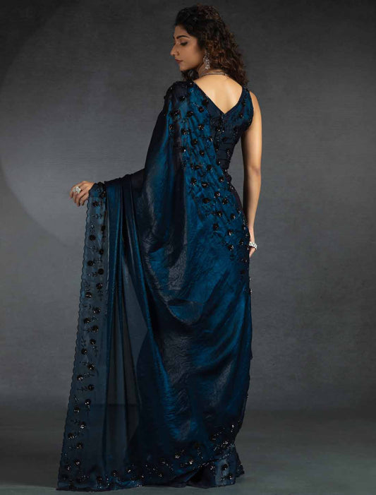 Pecock Blue Ethnic Tow-Tone Satin Silk Hand Work Jarkan Saree