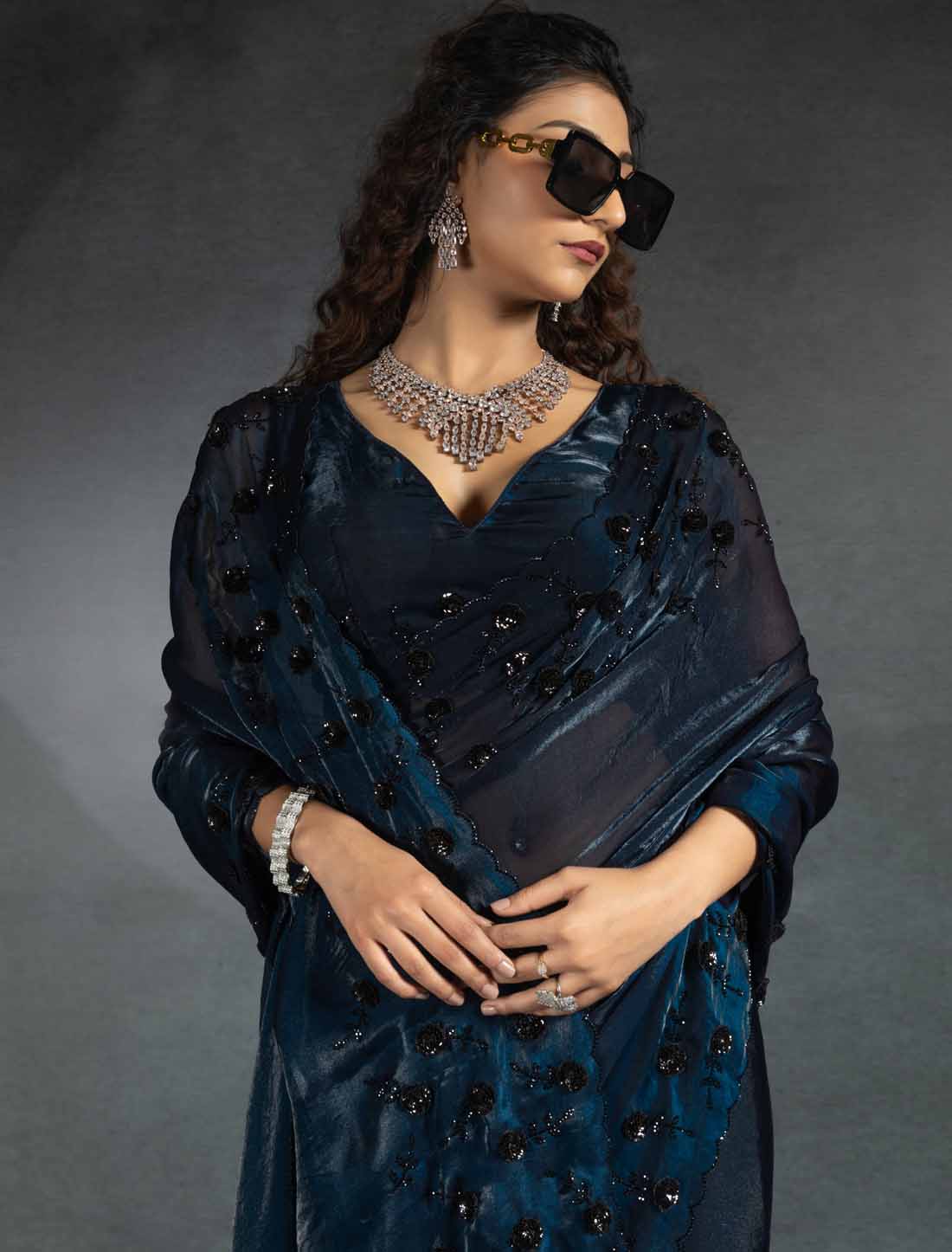 Pecock Blue Ethnic Tow-Tone Satin Silk Hand Work Jarkan Saree
