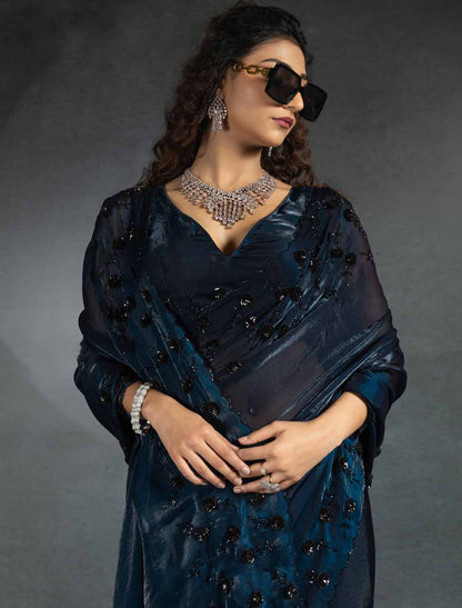 Pecock Blue Ethnic Tow-Tone Satin Silk Hand Work Jarkan Saree