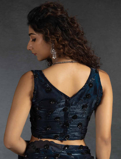 Pecock Blue Ethnic Tow-Tone Satin Silk Hand Work Jarkan Saree