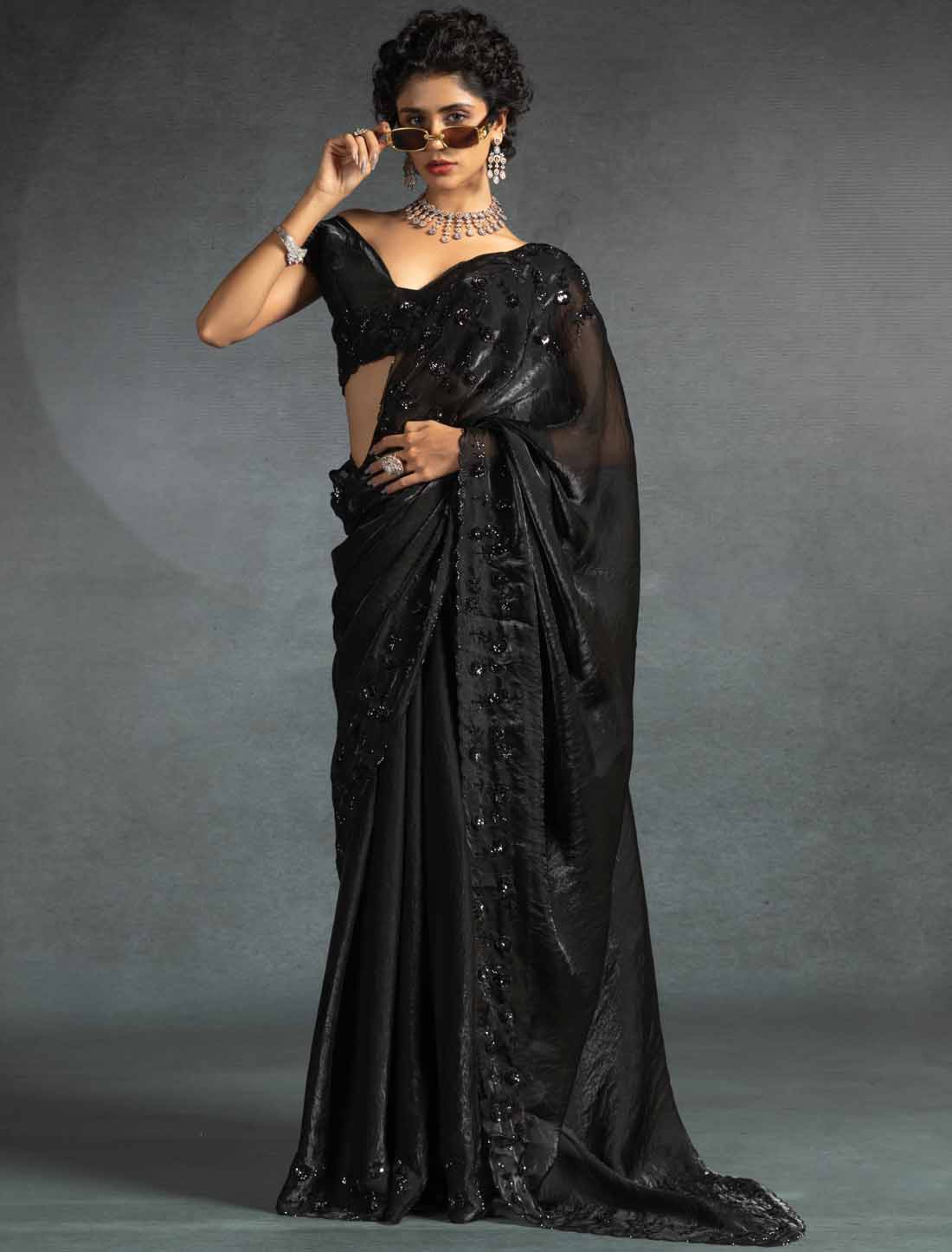 Black Ethnic Tow-Tone Satin Silk Hand Work Jarkan Un-Stitched Saree
