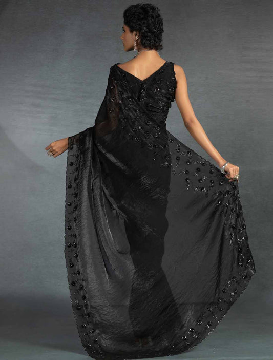 Black Ethnic Tow-Tone Satin Silk Hand Work Jarkan Un-Stitched Saree