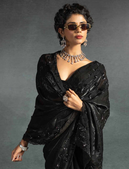 Black Ethnic Tow-Tone Satin Silk Hand Work Jarkan Un-Stitched Saree