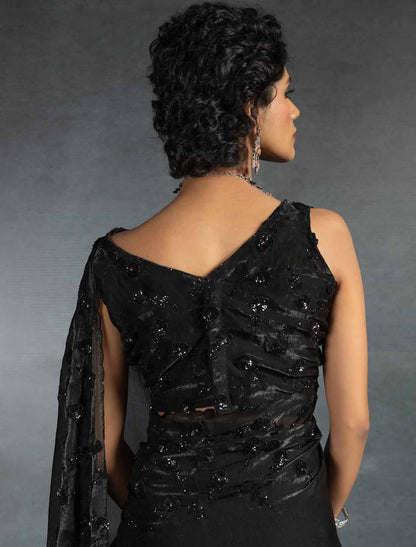 Black Ethnic Tow-Tone Satin Silk Hand Work Jarkan Un-Stitched Saree