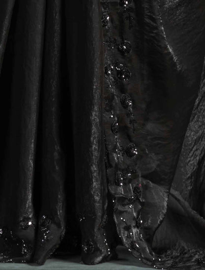 Black Ethnic Tow-Tone Satin Silk Hand Work Jarkan Un-Stitched Saree