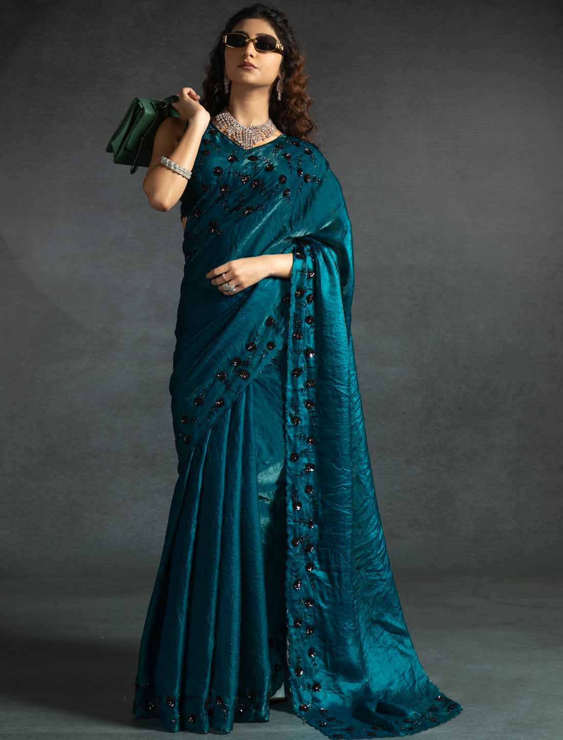 Teal Blue Ethnic Tow-Tone Satin Silk Hand Work Jarkan Saree