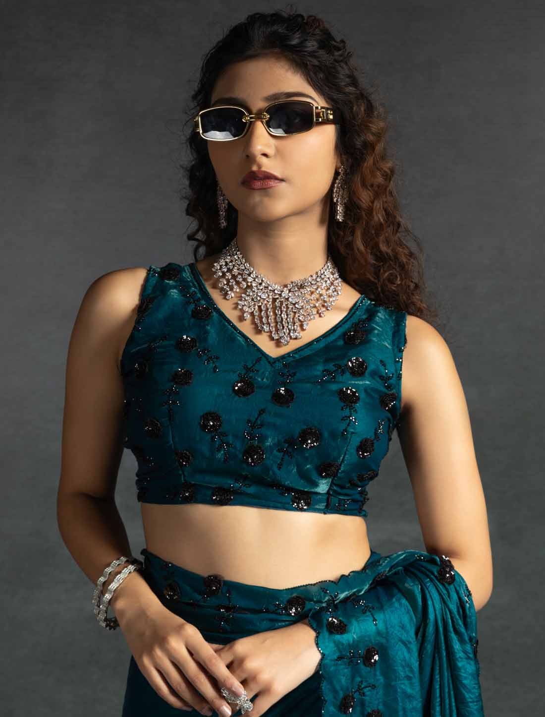 Teal Blue Ethnic Tow-Tone Satin Silk Hand Work Jarkan Saree