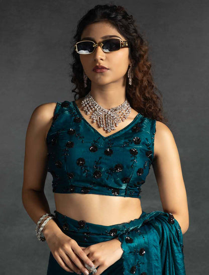 Teal Blue Ethnic Tow-Tone Satin Silk Hand Work Jarkan Saree