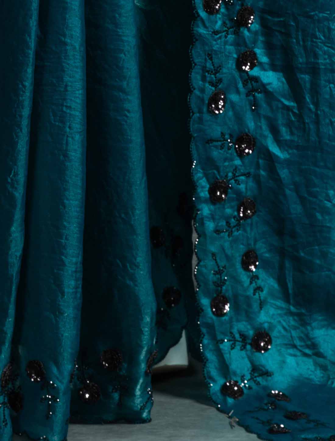 Teal Blue Ethnic Tow-Tone Satin Silk Hand Work Jarkan Saree