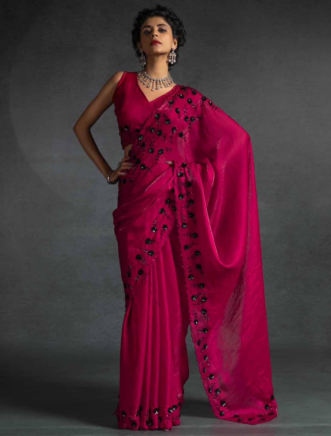 Red Ethnic Tow-Tone Satin Silk Hand Work Jarkan Un-Stitched Saree