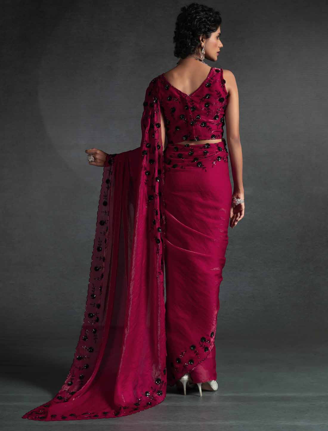 Red Ethnic Tow-Tone Satin Silk Hand Work Jarkan Un-Stitched Saree