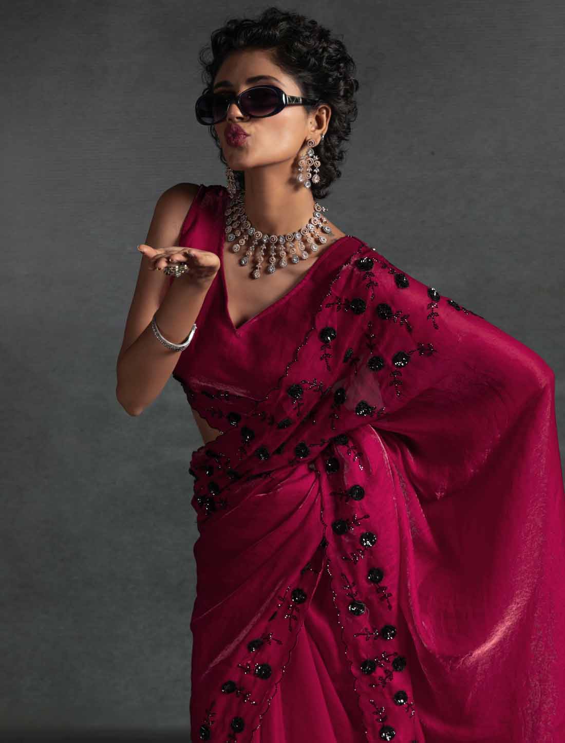 Red Ethnic Tow-Tone Satin Silk Hand Work Jarkan Un-Stitched Saree
