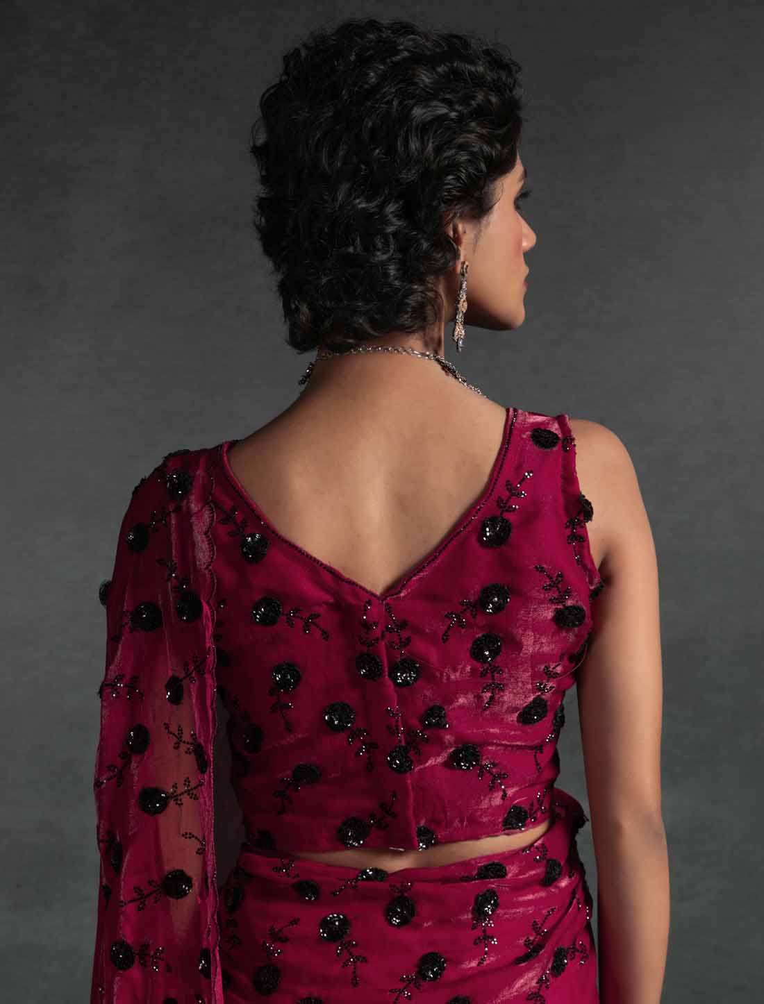 Red Ethnic Tow-Tone Satin Silk Hand Work Jarkan Un-Stitched Saree