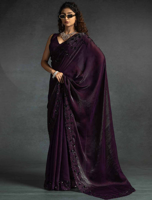 Dark Violet Ethnic Tow-Tone Satin Silk Hand Work Jarkan Un-Stitched Saree