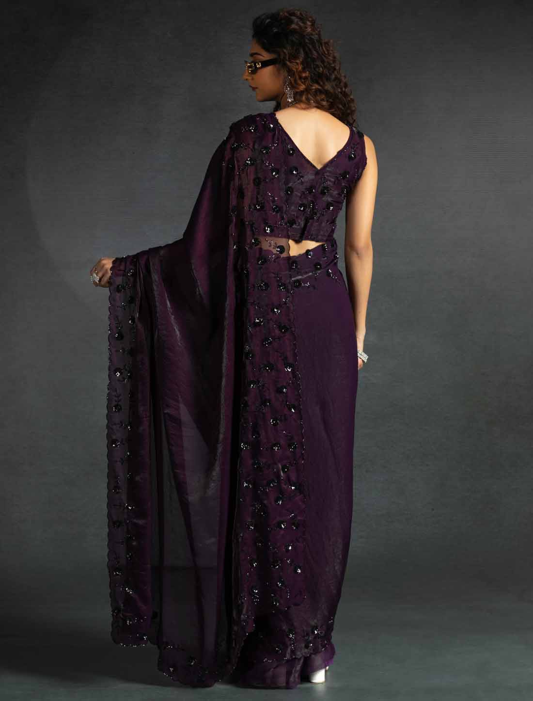 Dark Violet Ethnic Tow-Tone Satin Silk Hand Work Jarkan Un-Stitched Saree