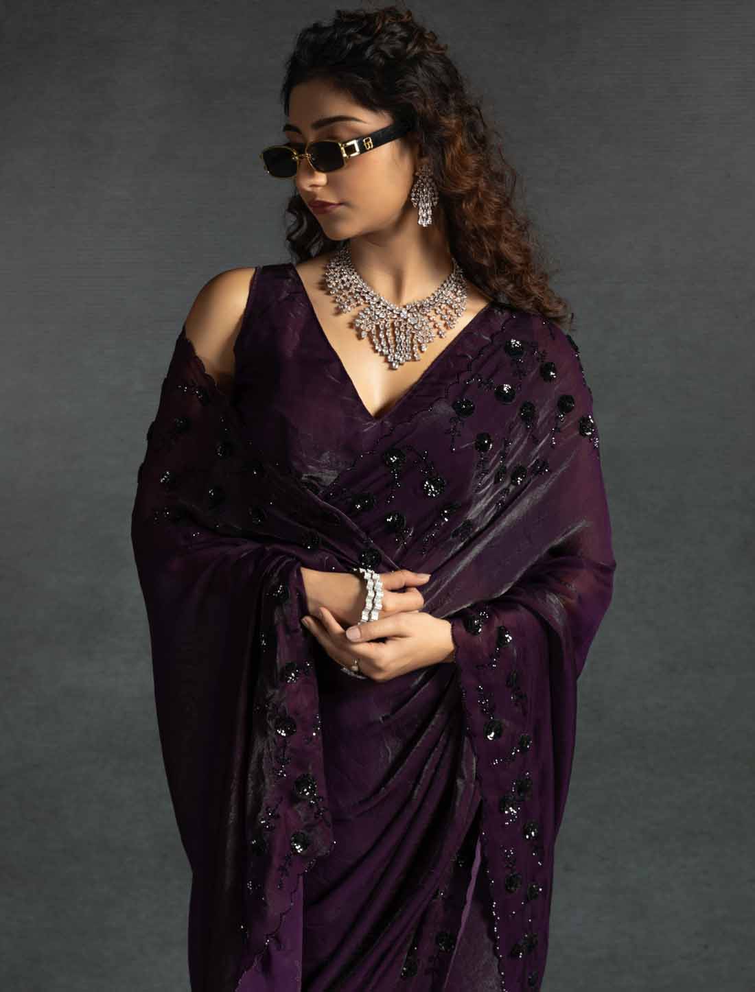 Dark Violet Ethnic Tow-Tone Satin Silk Hand Work Jarkan Un-Stitched Saree