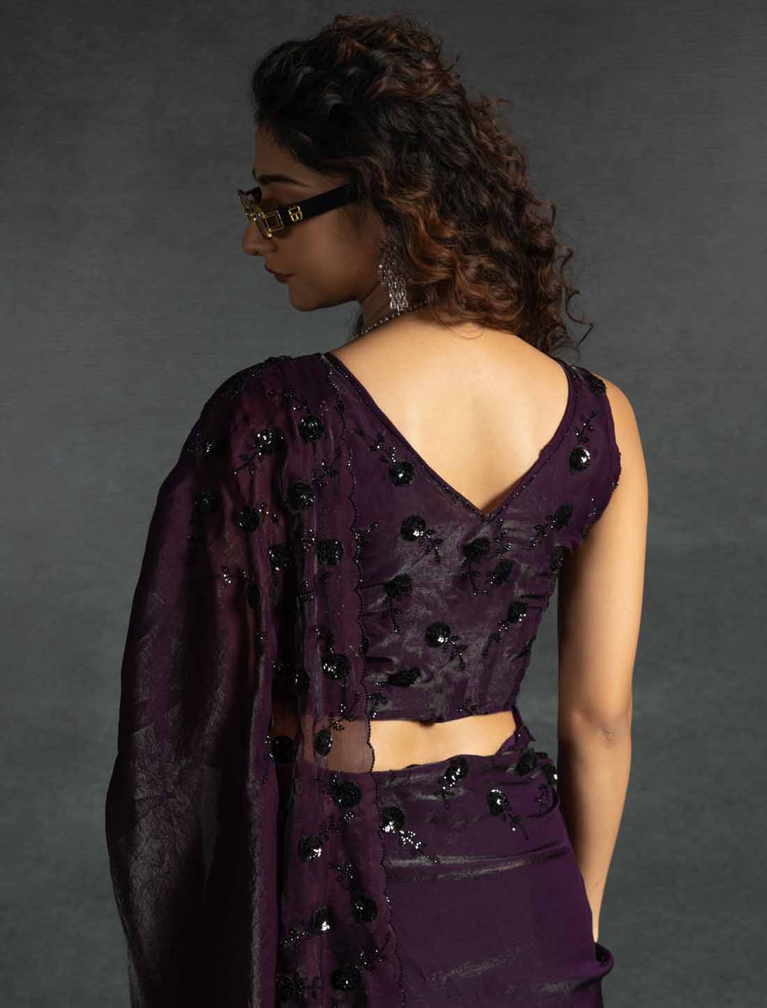 Dark Violet Ethnic Tow-Tone Satin Silk Hand Work Jarkan Un-Stitched Saree
